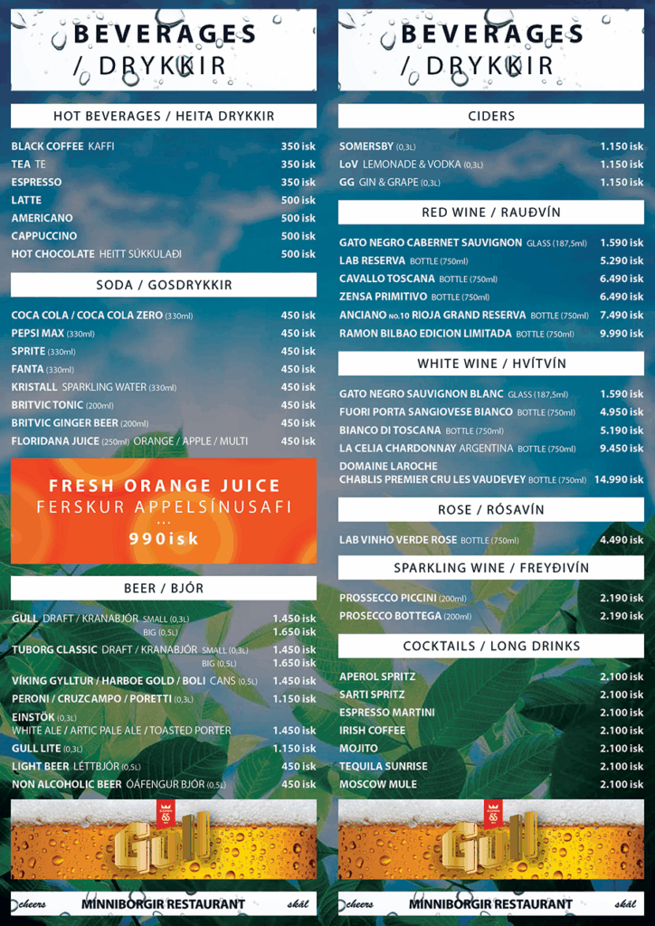 Menu drinks 2025